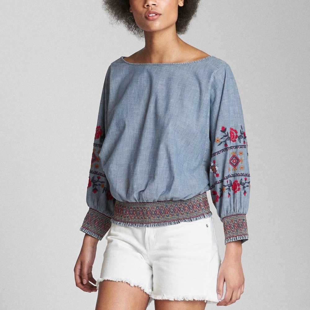 GAP Chambray Embroidered Boho Smocked Blouse